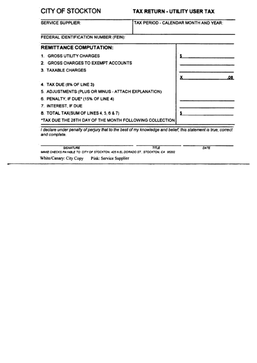 Tax Return - Utility User Tax Form - City Of Stockton Printable pdf