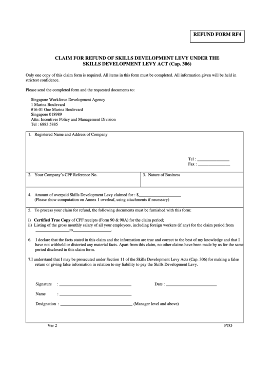 Form Rf4 - Claim For Refund Of Skills Development Levy Under The Skills Development Levy Act Printable pdf