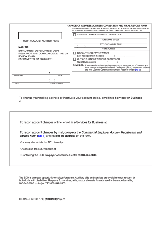 Form De 88all-I - Change Of Address/address Correction And Final Report Form Printable pdf