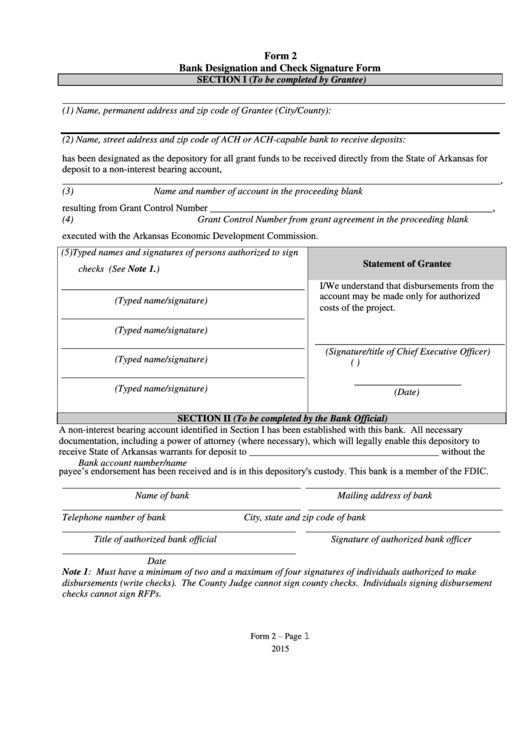 Form 2 Bank Designation And Check Signature Form printable pdf download