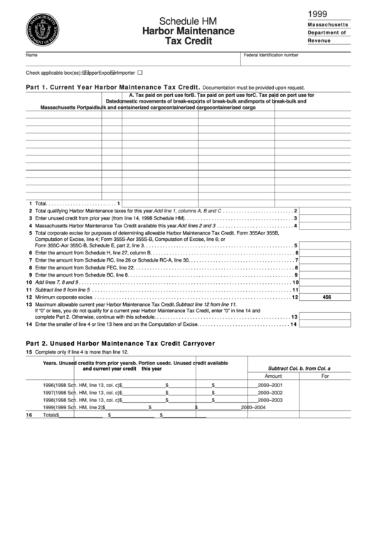 Schedule Hm - Harbor Maintenance Tax Credit - Massachusetts Department Of Revenue - 1999 Printable pdf