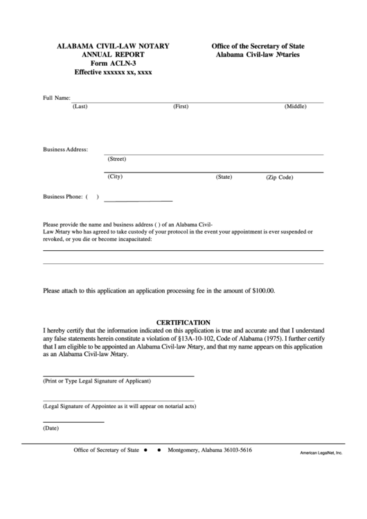 Form Acln-3 - Alabama Civil-Law Notary Annual Report Printable pdf