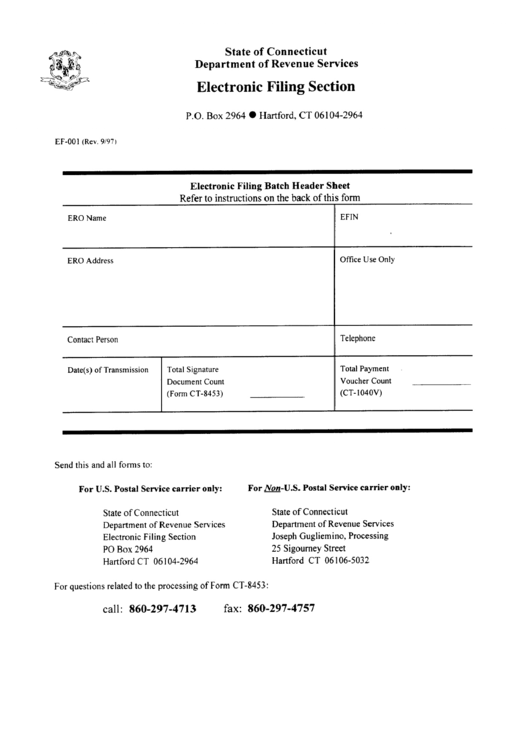 Form Ef-001 - Electronic Filing Section - Connecticut Department Of Revenue Services Printable pdf
