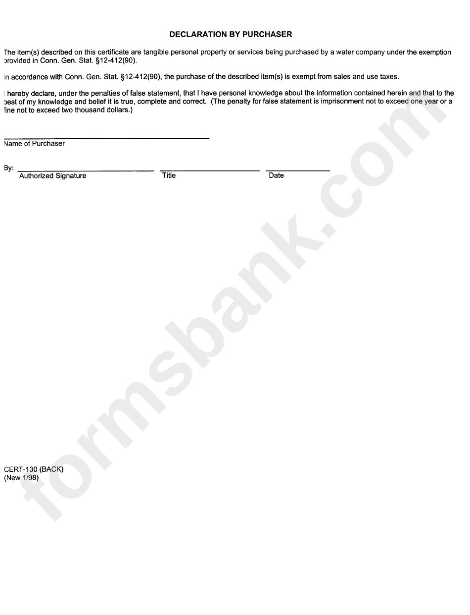 Form Cert-130 - Sales And Use Tax Exemption For Purchases By Water Companies