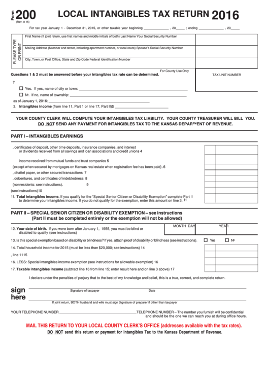 Fillable Form 200 - Local Intangibles Tax Return - 2016 Printable pdf