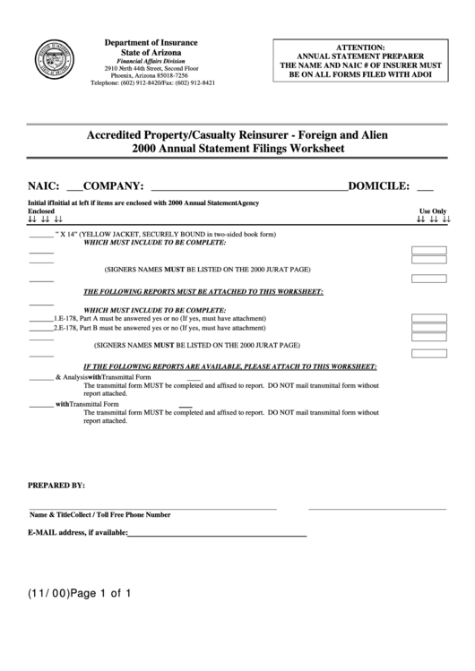 Form E-Arpc.as - Accredited Property/casualty Reinsurer - Foreign And Alien - Annual Statement Filings Worksheet - 2000 Printable pdf