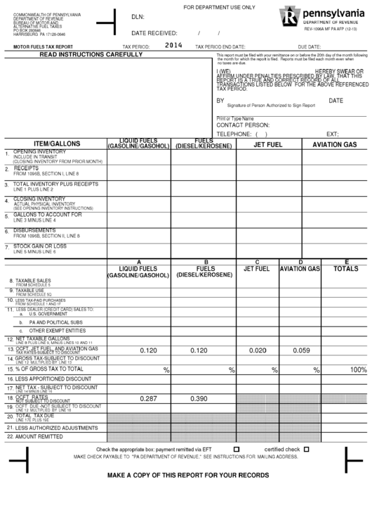 Form Rev-1096a - Motor Fuels Tax Report - 2014 Printable pdf