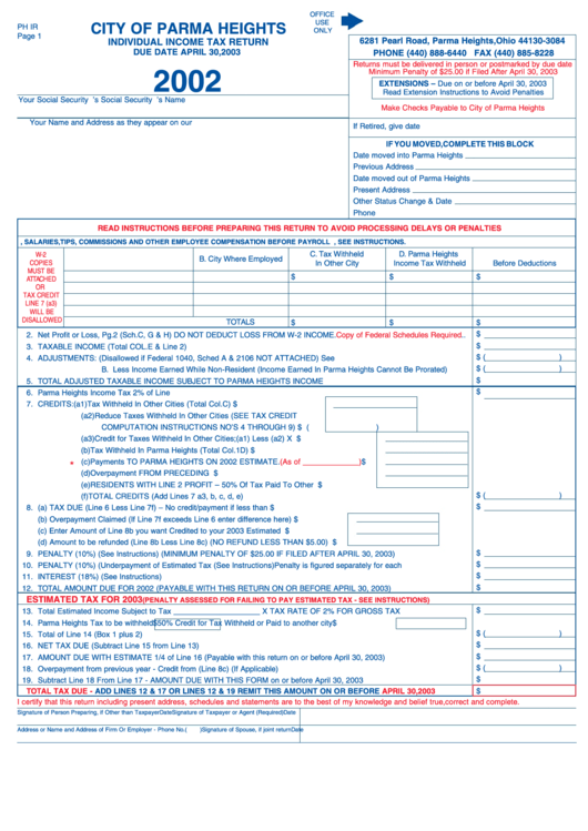 Individual Income Tax Return Form - City Of Parma Heights - 2002 Printable pdf