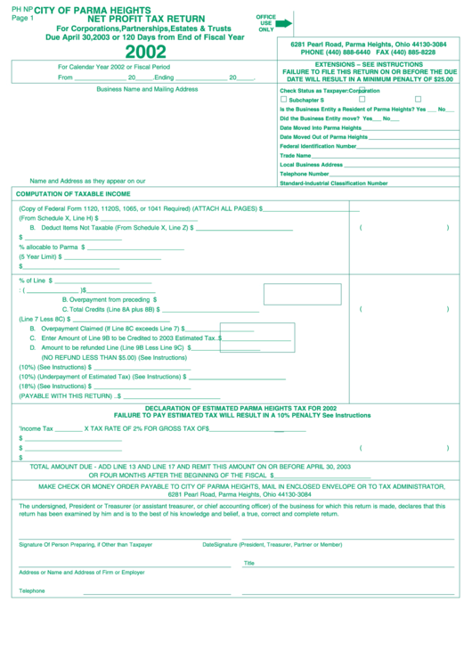 Form Ph Np - Net Profit Tax Return - City Of Parma Heights - 2002 Printable pdf