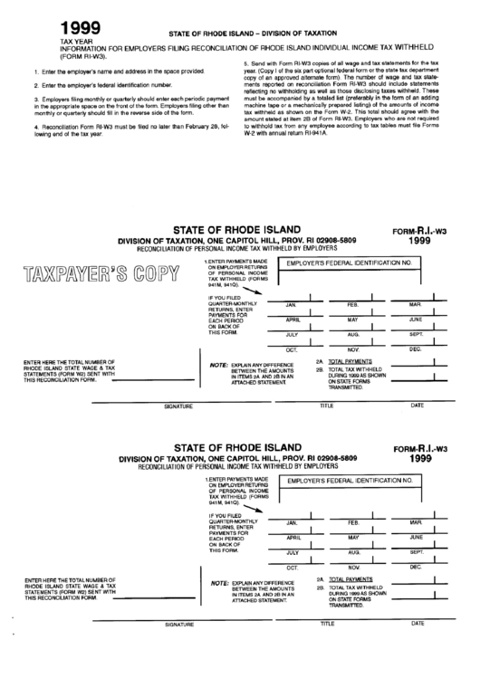 Form R.i.-W3 - Reconciliation Of Personal Income Tax Withheld By Employers - 1999 Printable pdf