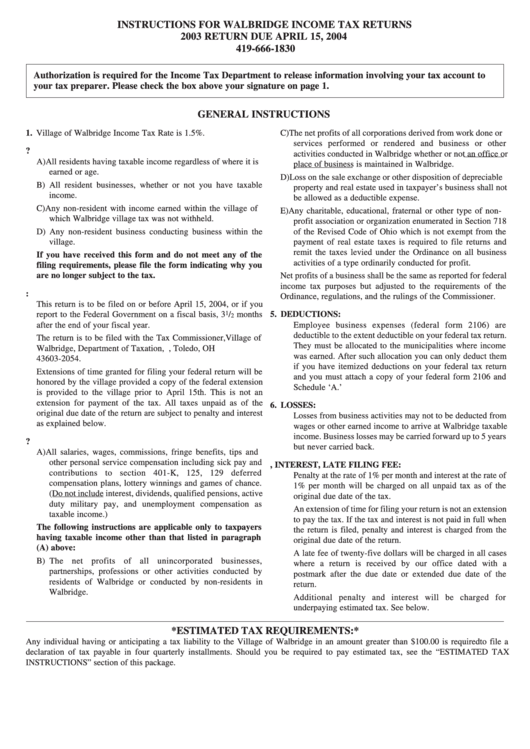 Instructions For Walbridge Income Tax Returns 2003 Return Printable pdf
