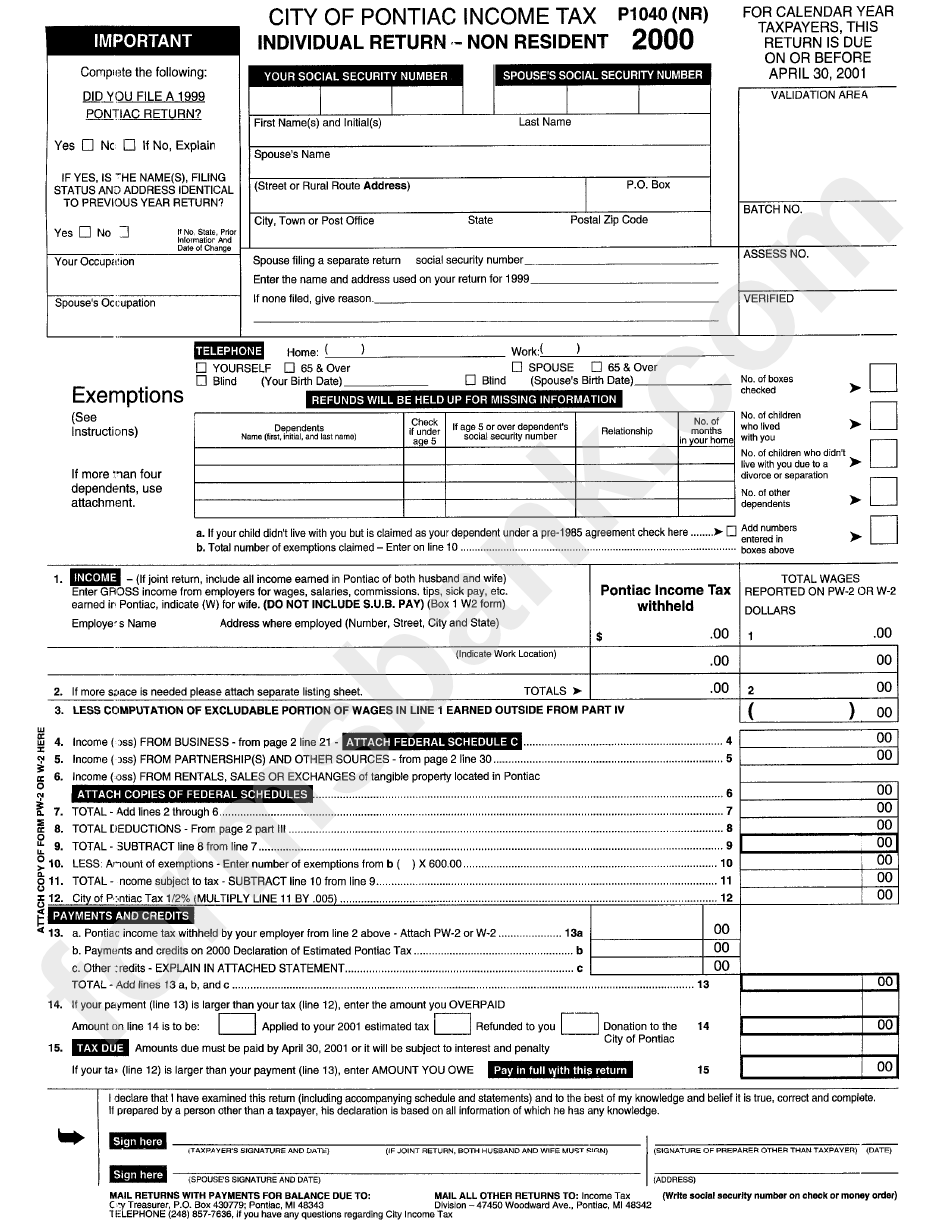 Form P1040(Nr) - City Of Pontiac Income Tax Individual Return - Non Resident - 2000