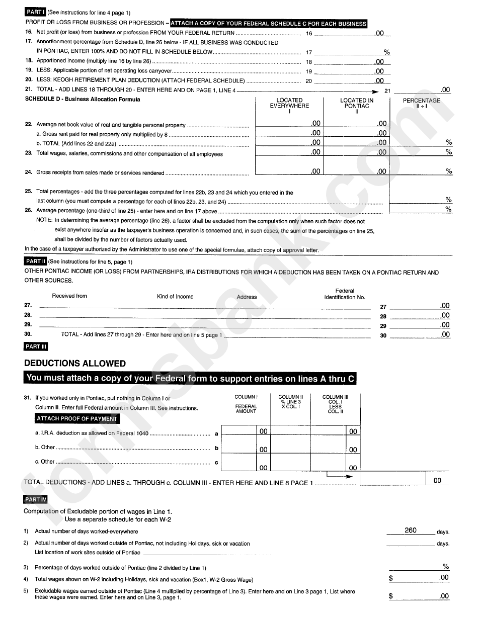 Form P1040(Nr) - City Of Pontiac Income Tax Individual Return - Non Resident - 2000