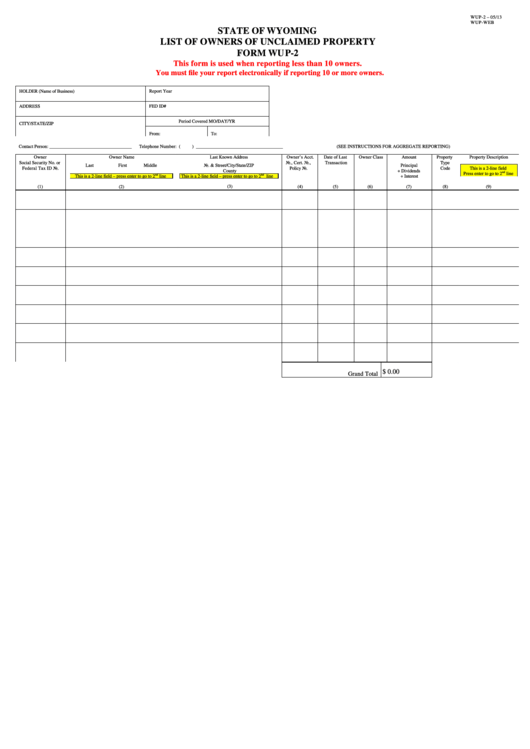 Fillable Form Wup-2 - List Of Owners Of Unclaimed Property Printable pdf