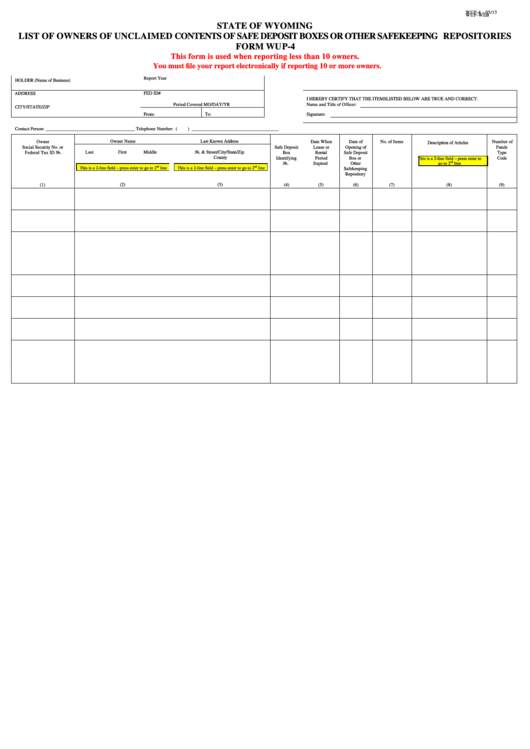 Fillable Form Wup-4 - List Of Owners Of Unclaimed Contents Of Safe Deposit Boxes Or Other Safekeeping Repositories Printable pdf