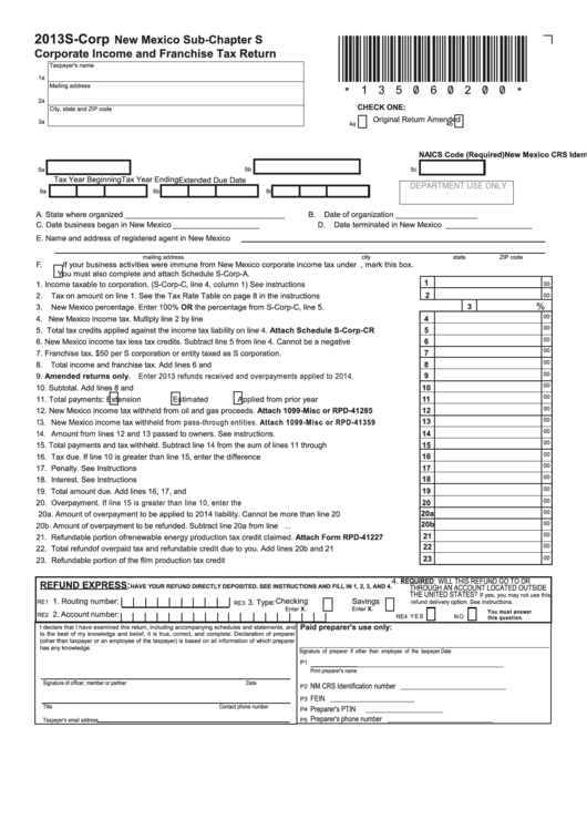 Form S-Corp - New Mexico Corporate Income And Franchise Tax Return - 2013 Printable pdf
