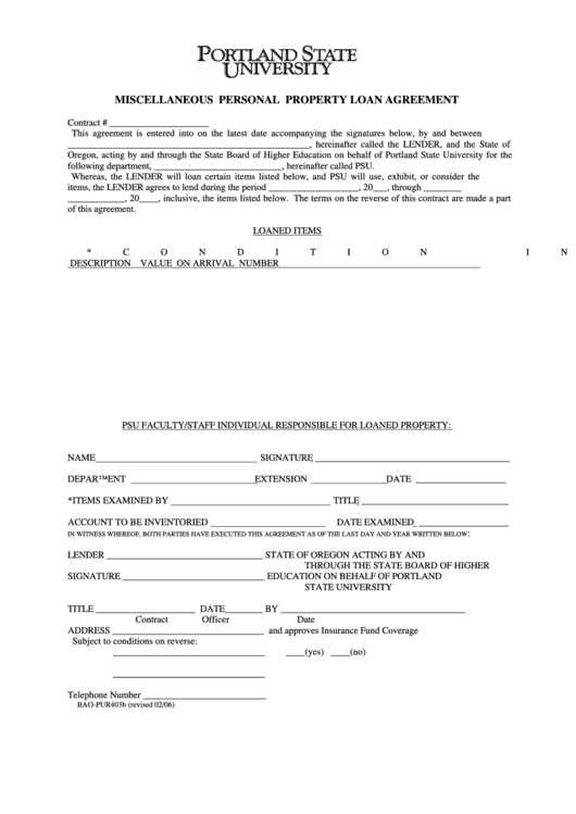 Fillable Form Bao-Pur403b - Miscellaneous Personal Property Loan Agreement Printable pdf