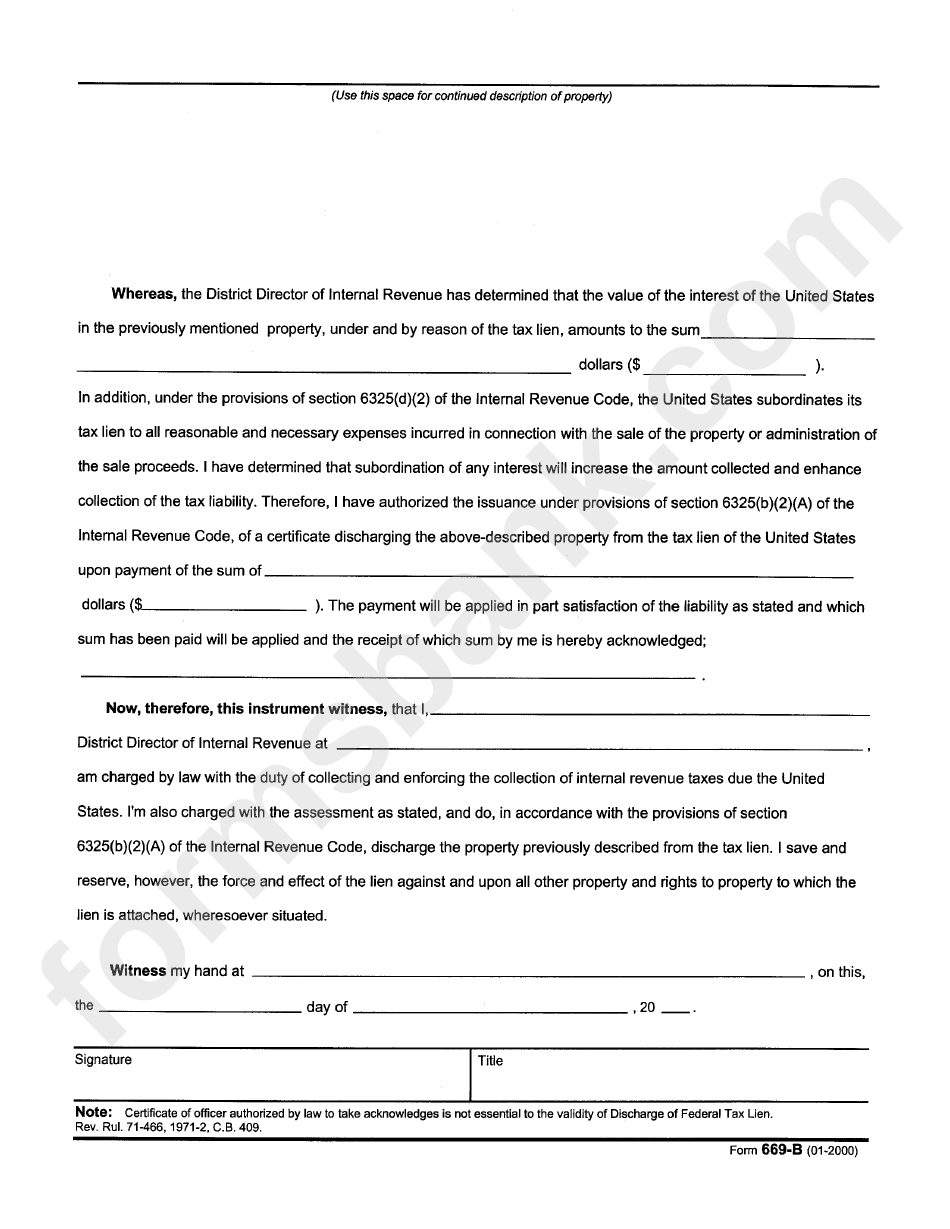 Form 669-B - Certificate Of Discharge Of Property From Federal Tax Lien