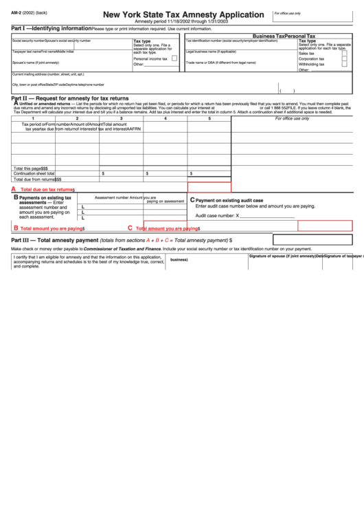Form Am-2 - New York State Tax Amnesty Application Printable pdf