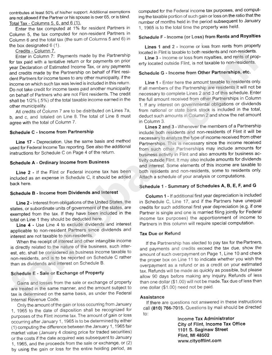 Instructions For Form F1065 For Partnerships Doing Business In Flint - 2011