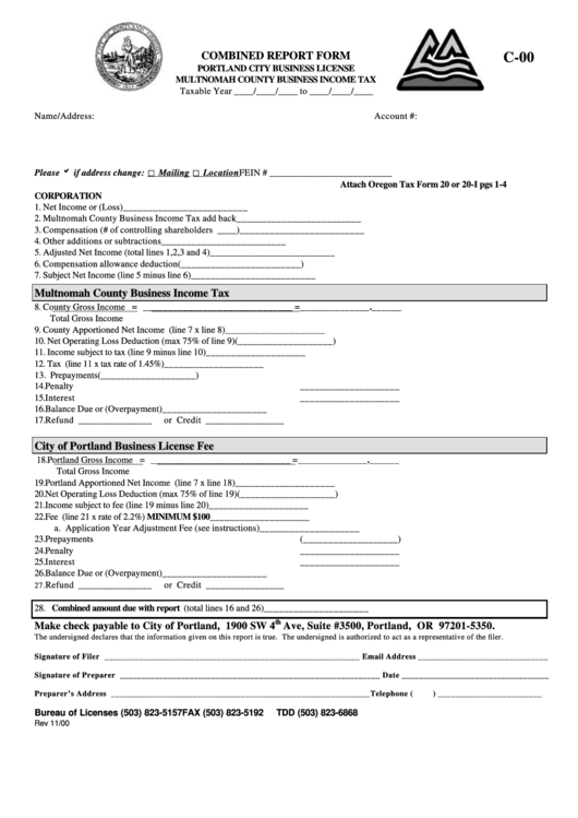 Form C-00 - Combined Report Form - Multnomah County Business Income Tax Printable pdf