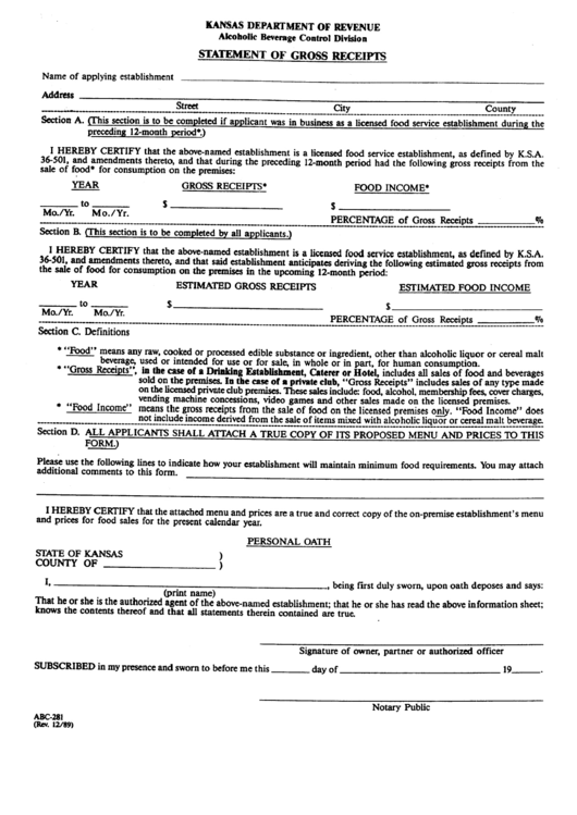 Form Abc-281 - Statement Of Gross Receipts Printable pdf