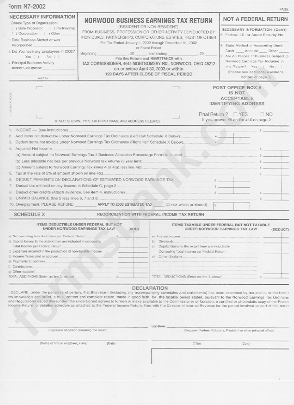 Form N7-2002 - Norwood Business Earnings Tax Return