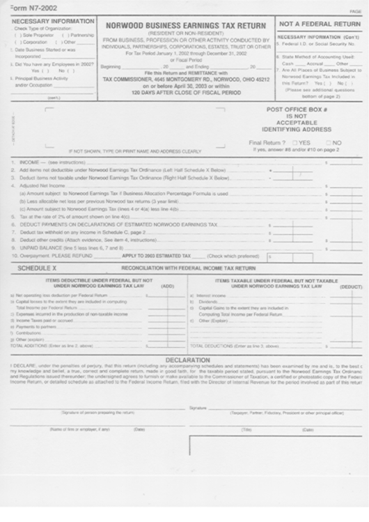 Form N7-2002 - Norwood Business Earnings Tax Return Printable pdf