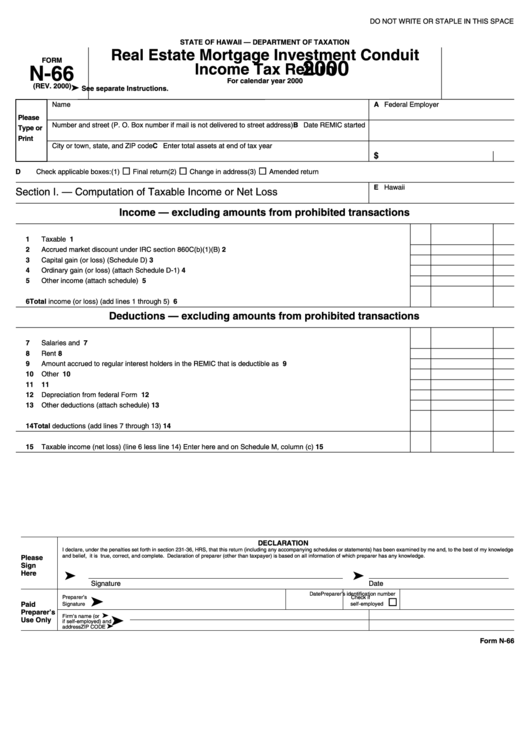 Form N-66 - Real Estate Mortgage Investment Conduit Income Tax Return - 2000 Printable pdf