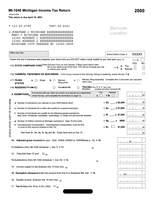 Form Mi1040 Michigan Tax Return 2000 printable pdf download