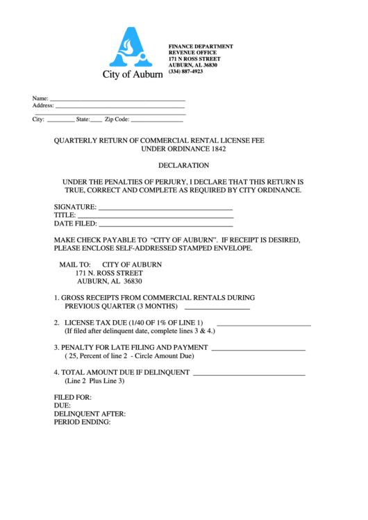 Quarterly Return Of Commercial Rental License Fee - Alabama Finance Department Printable pdf