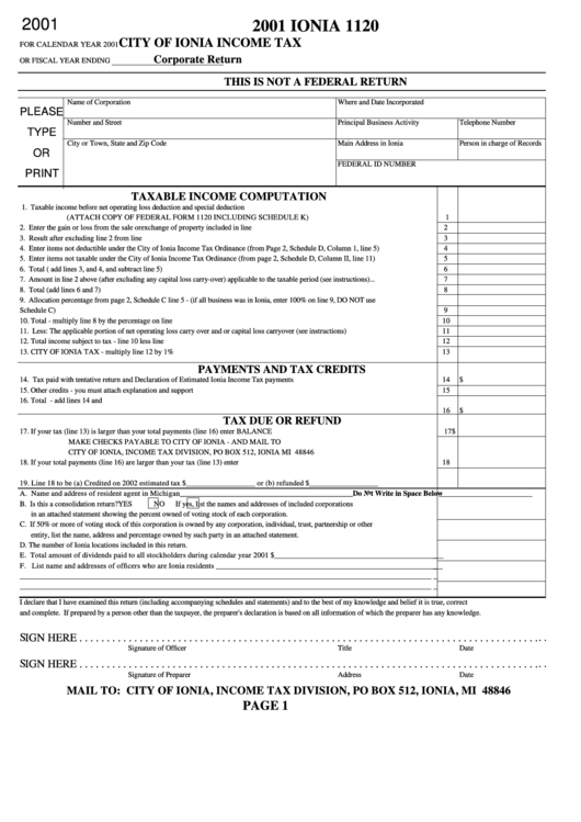 Form I-1120 - Income Tax Corporate Return - City Of Ionia - 2001 Printable pdf