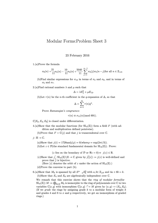 Modular Forms: Problem Sheet 3 Printable pdf