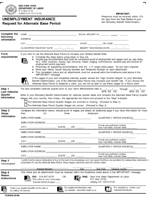 Form Tc403ha - Unemployment Insurance Request For Alternate Base Period Printable pdf