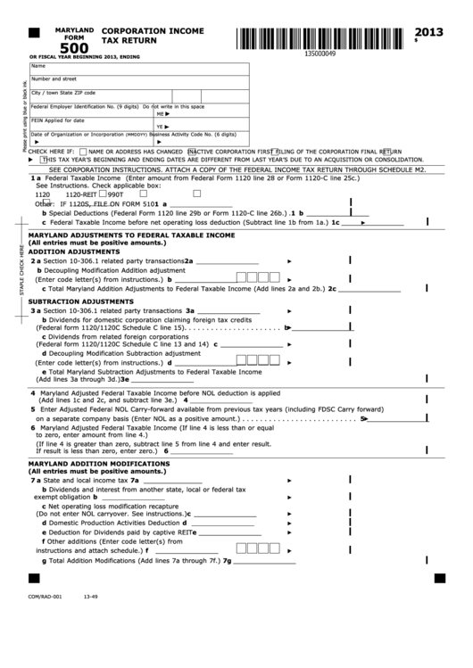Fillable Maryland Form 500 - Corporation Income Tax Return - 2013 Printable pdf