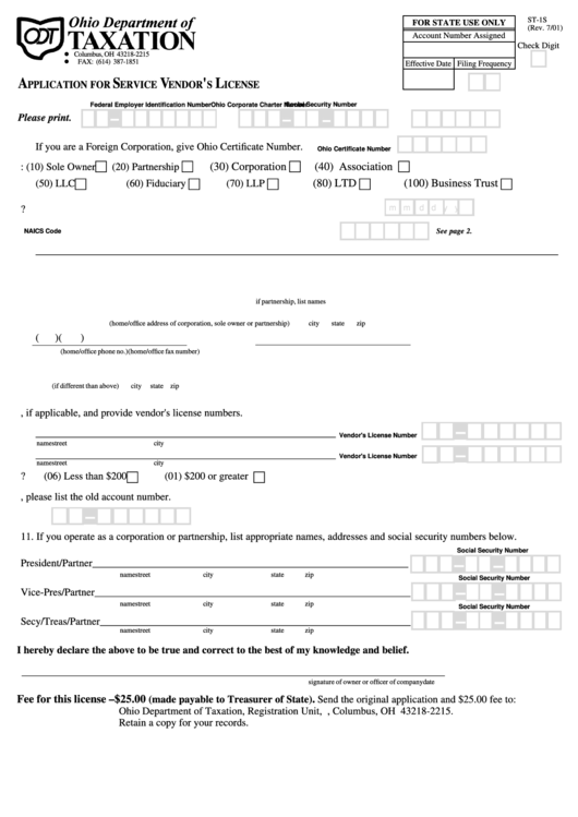 Form St-1s - Application For Service Vendor