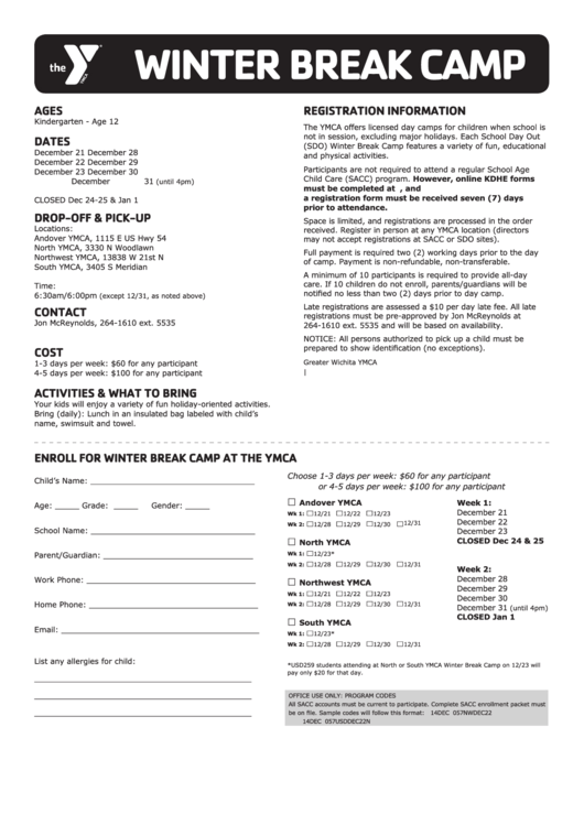 Winter Break Camp Registration Form Printable pdf