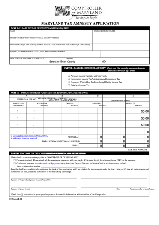 Fillable Form Com/am-01 - Tax Amnesty Application And Supplement - Comptroller Of Maryland Printable pdf