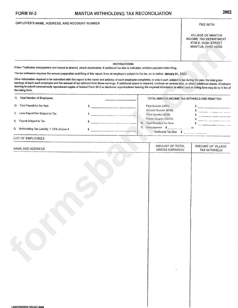 Form W-3 - Mantua Withholding Tax Reconciliation - 2002