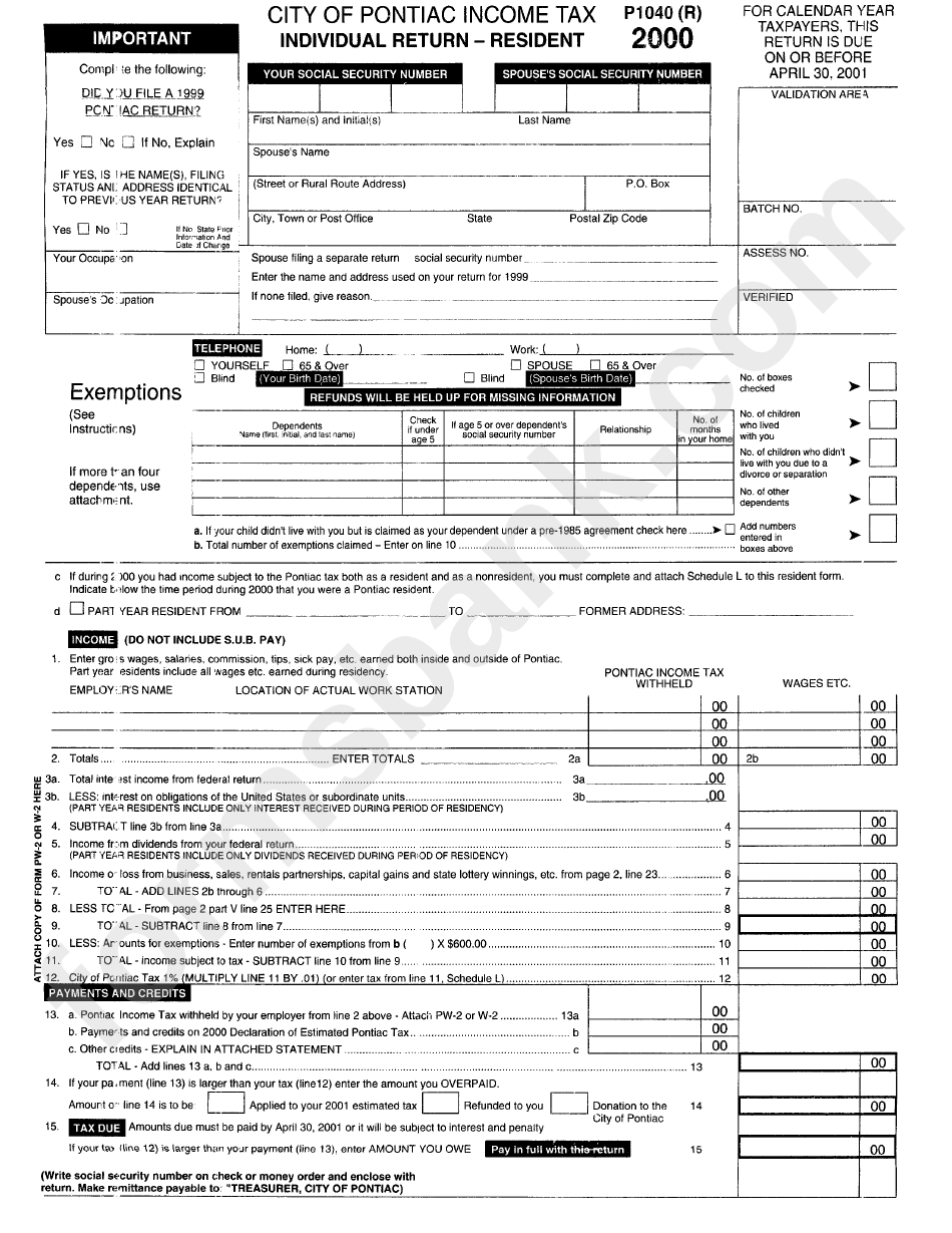 Form P1040(R) - City Of Pontiac Income Tax Individual Return - Resident - 2000