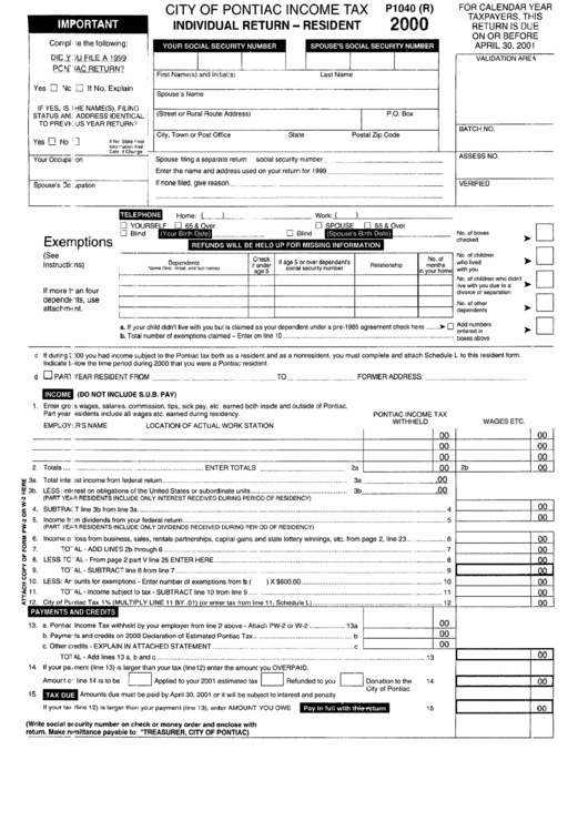 Form P1040(R) - City Of Pontiac Income Tax Individual Return - Resident - 2000 Printable pdf