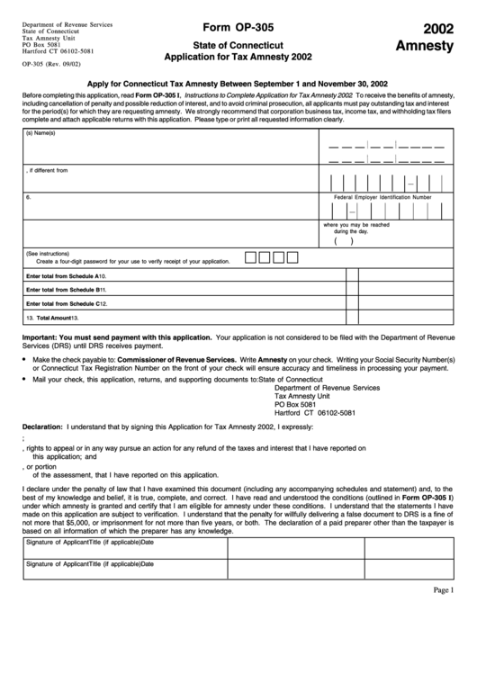 Form Op-305 - Application For Tax Amnesty - Connecticut Department Of Revenue Services, 2002 Printable pdf
