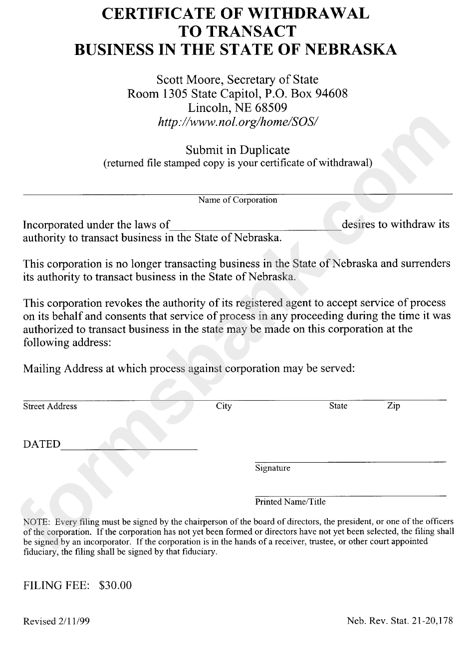 Certificate Of Withdrawal To Transact Business In The State Of Nebraska - Nebraska Secretary Of State