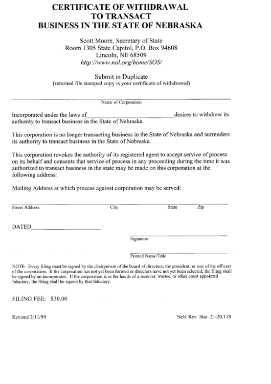 Certificate Of Withdrawal To Transact Business In The State Of Nebraska - Nebraska Secretary Of State Printable pdf