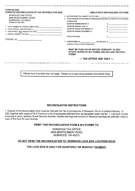 Form N5-2002 - Norwood Reconciliation Of Tax Withheld For 2002 - Employer