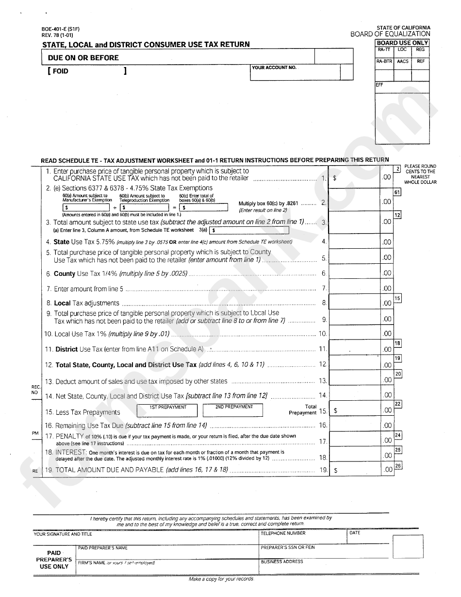 Form Boe-401-E(S1f) - State, Local And District Consumer Use Tax Return