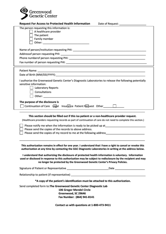Fillable Request For Access To Protected Health Information - Greenwood Genetic Center Printable pdf