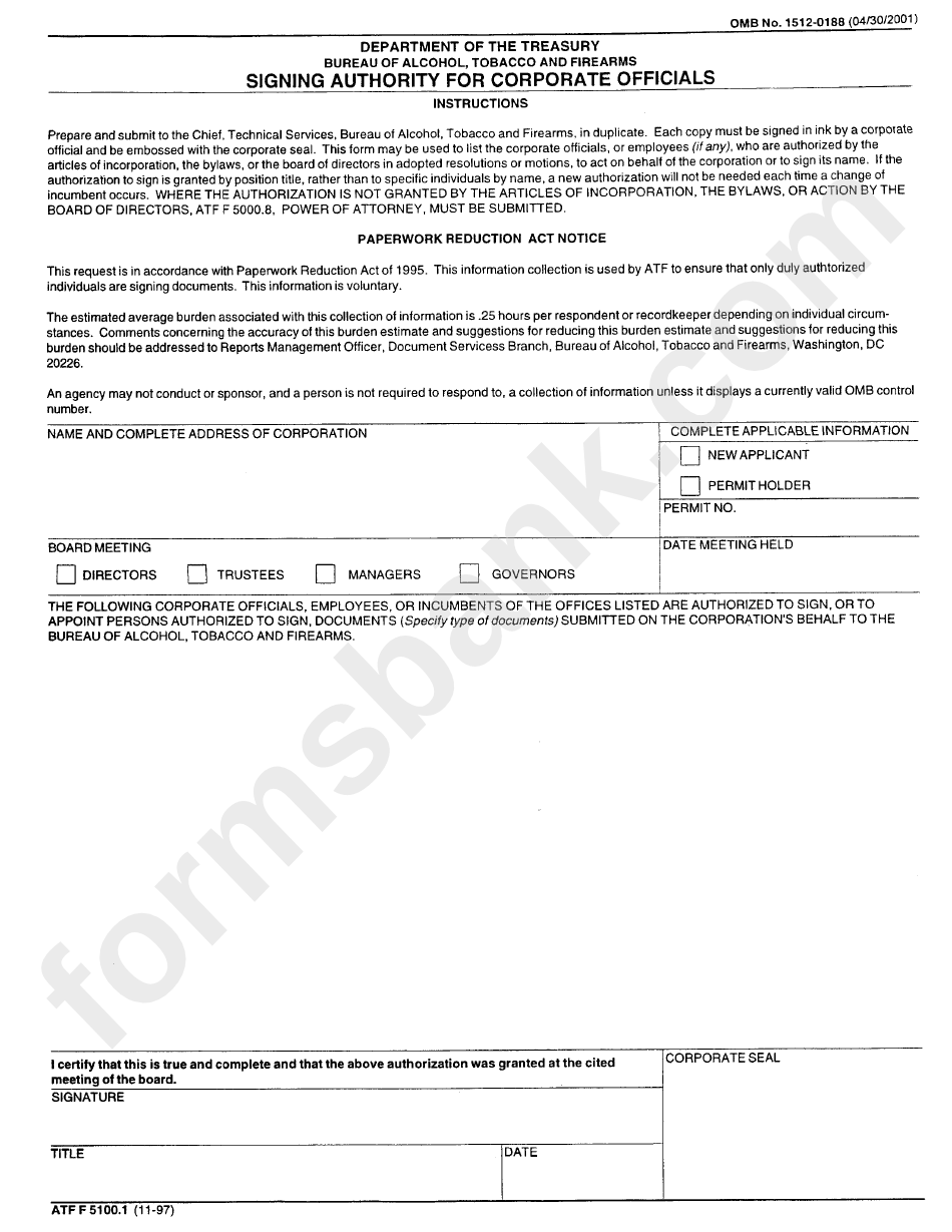 Form Atf F 5100.1 - Signing Authority For Corporate Officials
