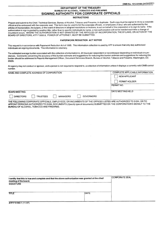 Form Atf F 5100.1 - Signing Authority For Corporate Officials Printable pdf