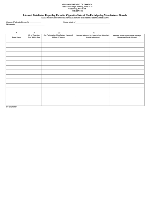 Form Ct 03 - Licensed Distributor Reporting Form For Cigarettes Sales Of Non-Participating Manufacturer Brands Printable pdf